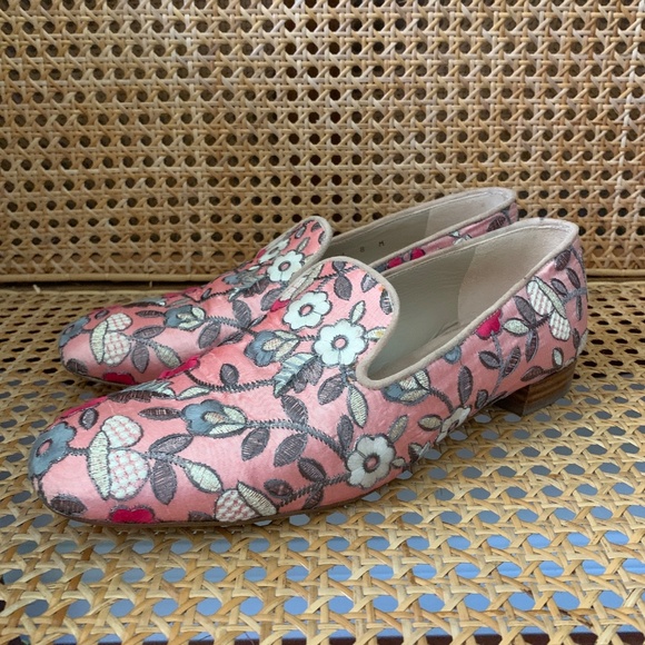 Stuart Weitzman Pipearky Pink Floral Smoking Flats Loafers 8 - Picture 5 of 5
